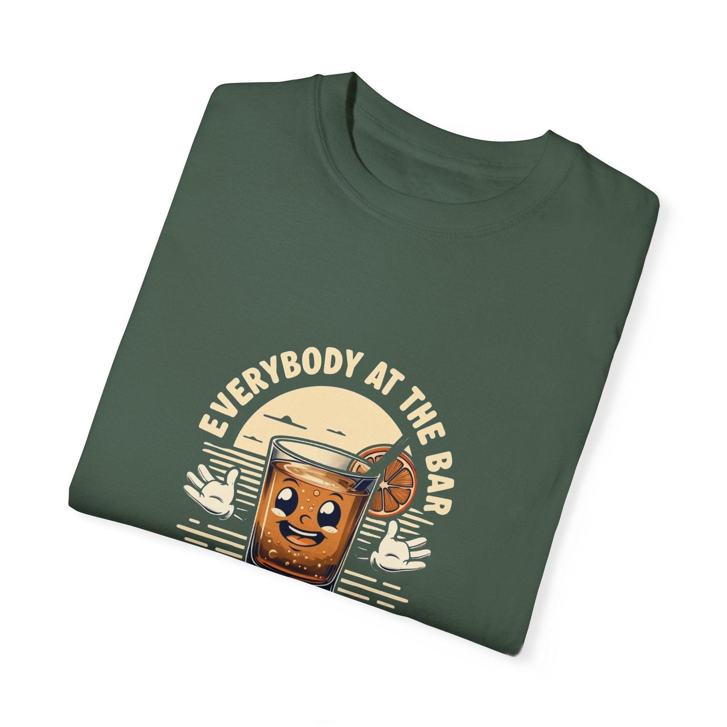 Everybody at the Bar Gettin Tipsy Unisex Garment-Dyed T-Shirt with whiskey glass graphic and playful text design on green fabric.