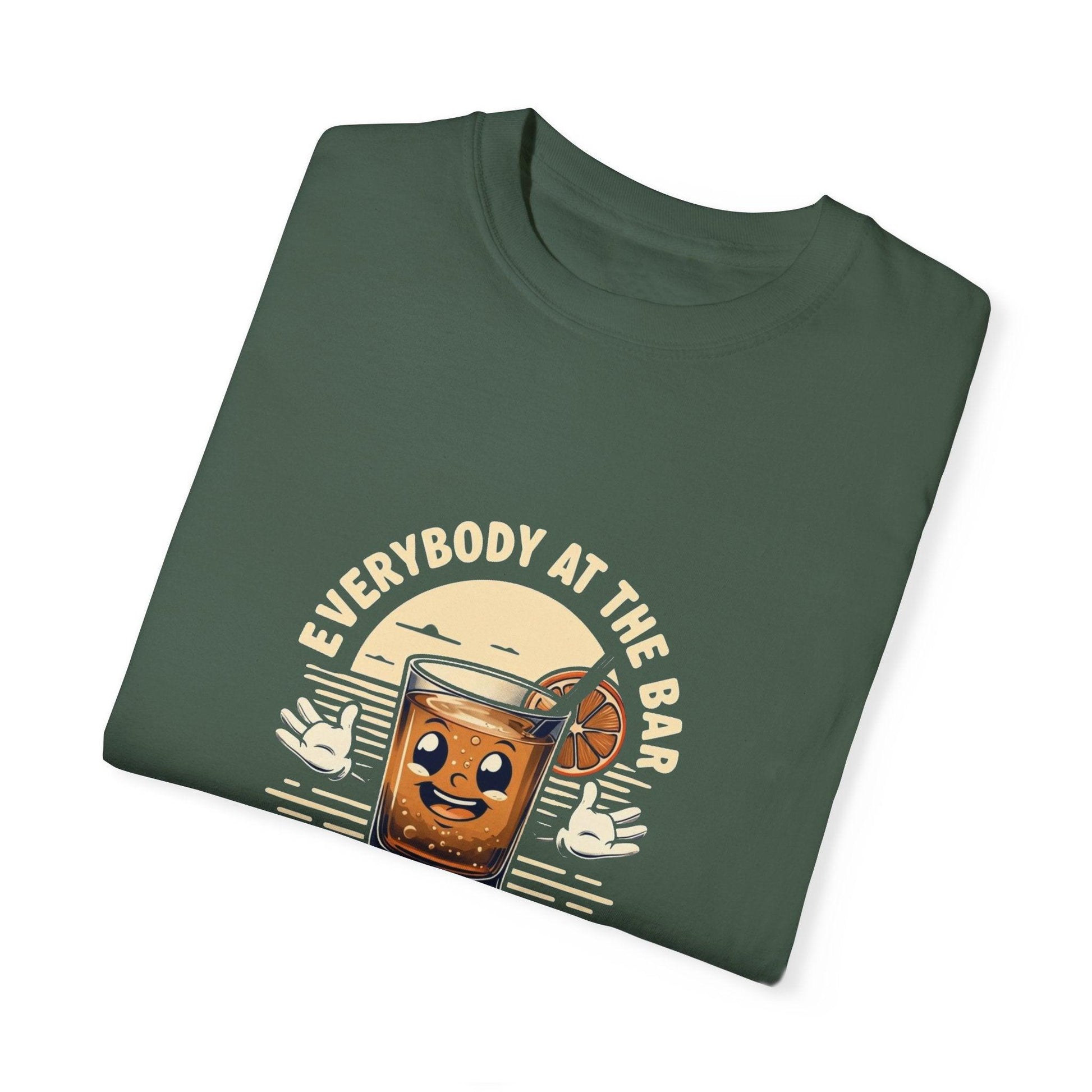 Everybody at the Bar Gettin Tipsy Unisex Garment-Dyed T-Shirt with whiskey glass graphic and playful text design on green fabric.