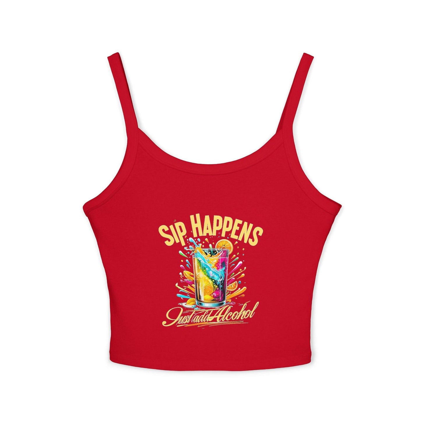 Red Playful & Stylish Womens Spaghetti Strap Tank Top with 'Sip Happens, Just Add Alcohol' text and colorful drink design.