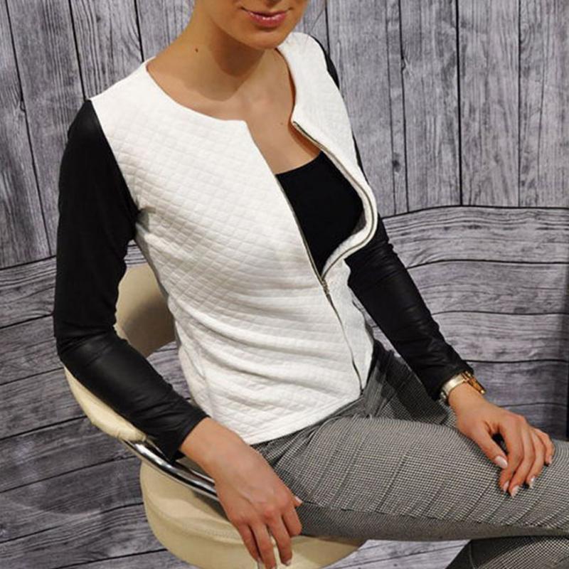 Model wearing Women’s Plaid Patchwork Blazer with PU leather accents