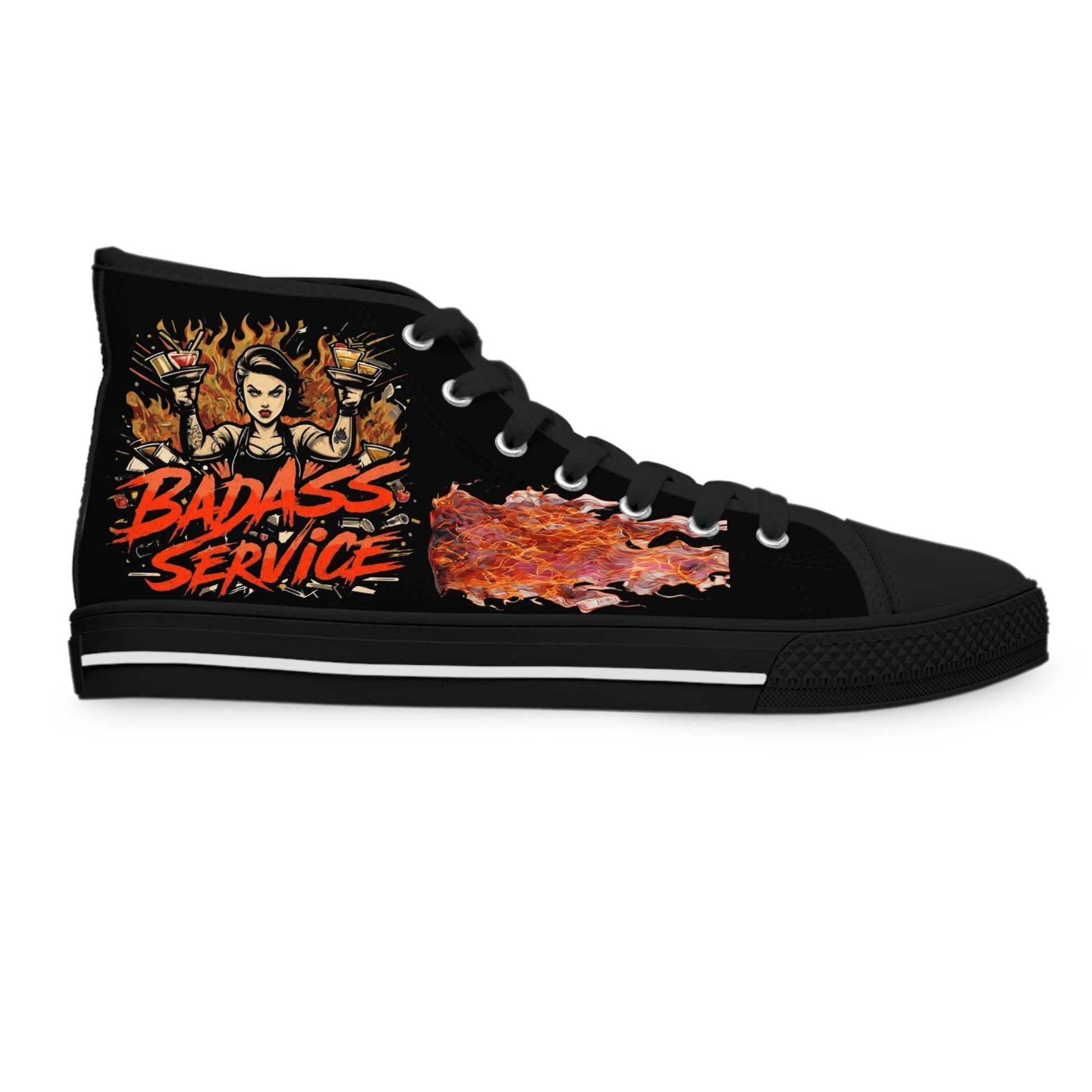 Bad Ass Service Womens Black High Top Sneakers with fiery bartender design