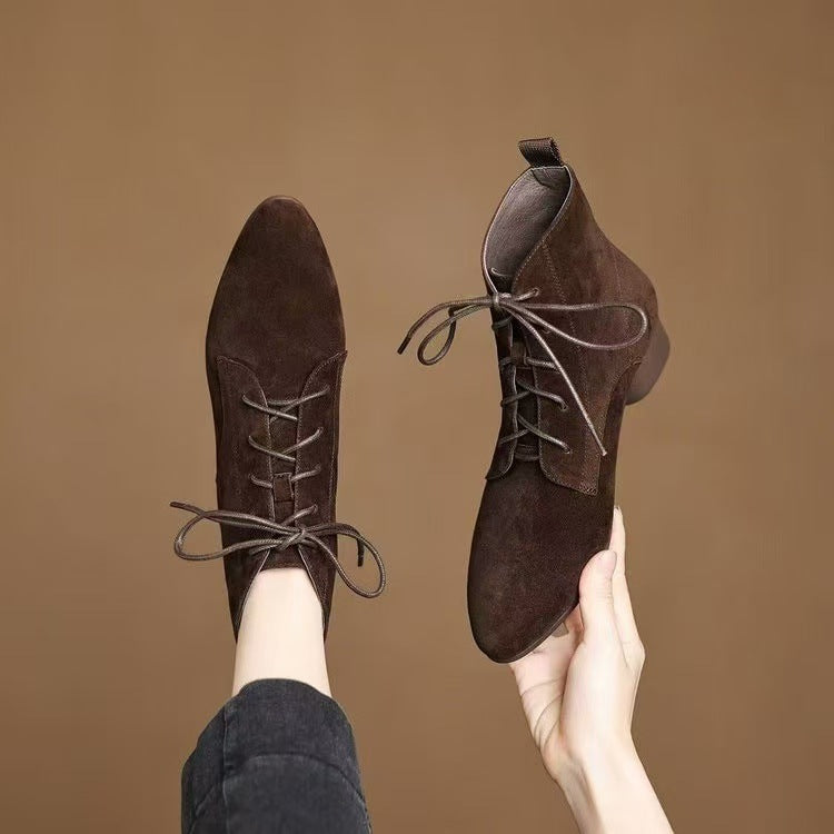 Maillard Matte Pointed Low-Heel Ankle Boots Women with laces in brown suede
