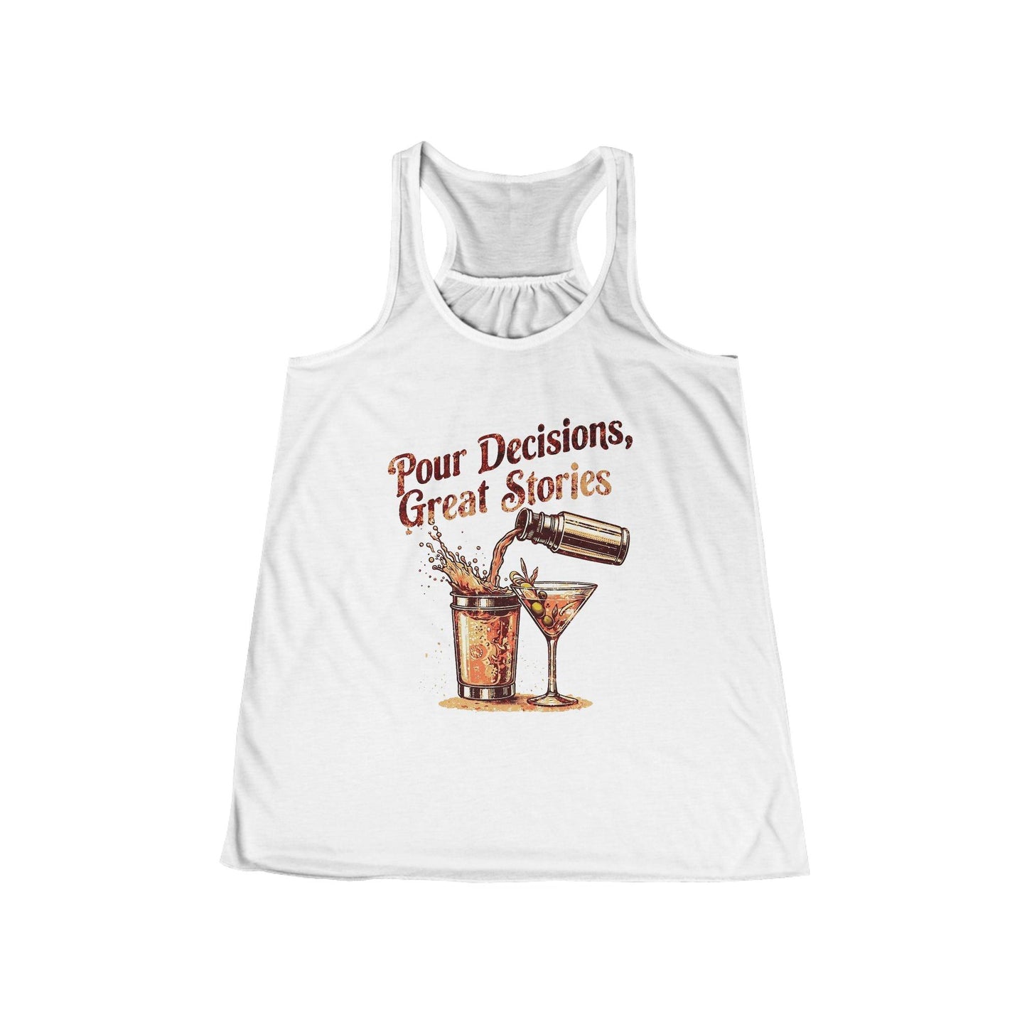 Pour Decisions Womens Racer Back Tank Top featuring colorful text and cocktail graphic, ideal for bartenders and waitresses.