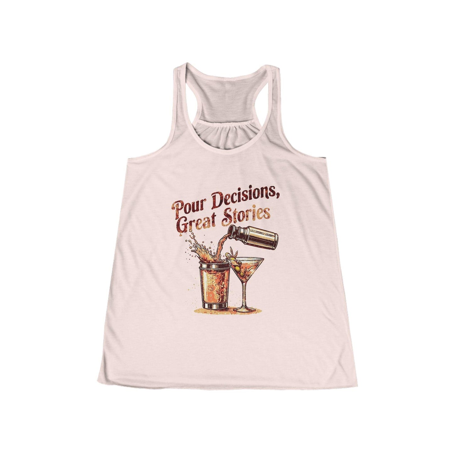 Pour Decisions Womens Racer Back Tank Top with bold text and cocktail graphic