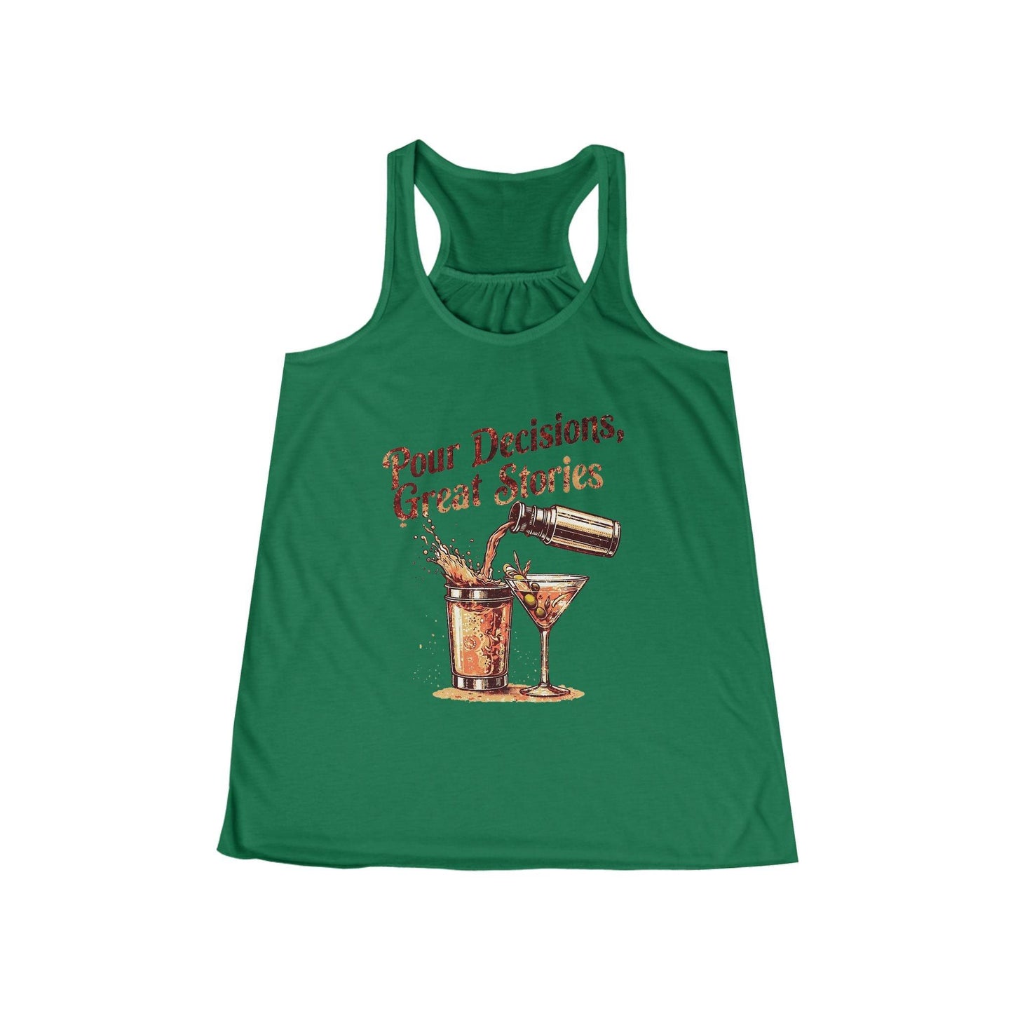 Pour Decisions Womens Racer Back Tank Top in green with drink graphics and text 'Pour Decisions, Great Stories' for bartenders and waitresses.