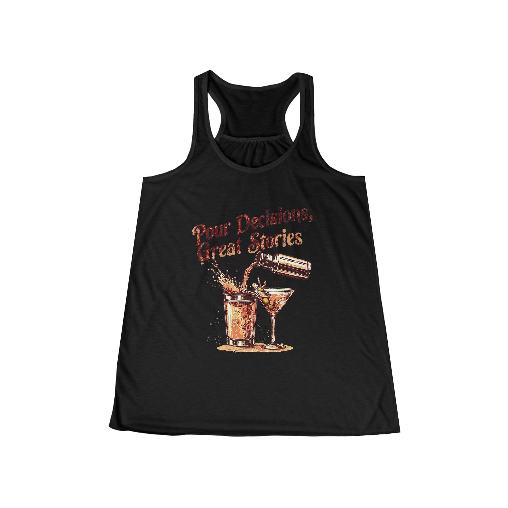 Pour Decisions Womens Racer Back Tank Top with colorful text and cocktail graphic, perfect for bartenders and waitresses.