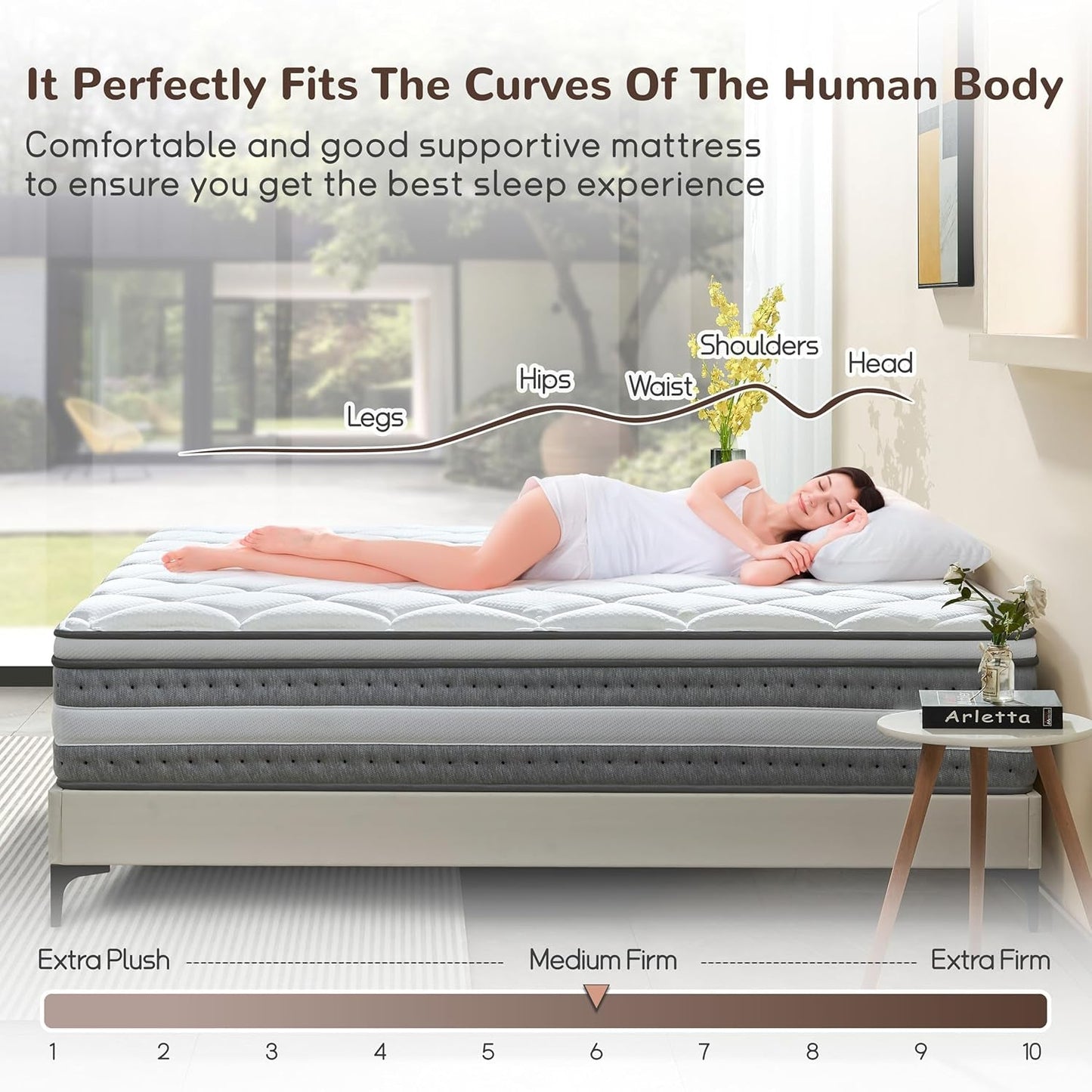 Woman sleeping on King Size Orthopaedics Hybrid Memory Foam Mattress providing medium-firm support and contour adaptation.