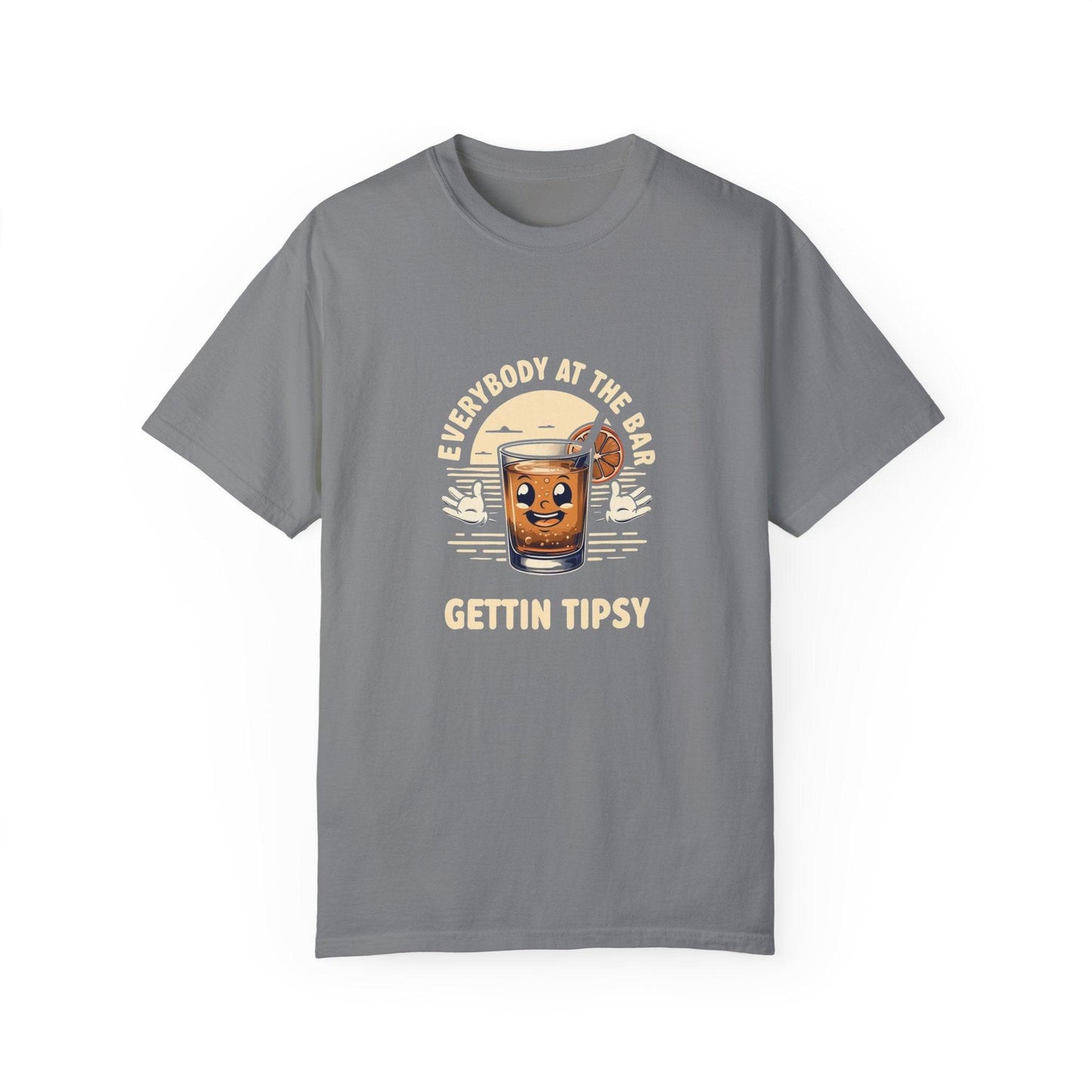 Everybody at the Bar Gettin Tipsy Unisex Garment-Dyed T-Shirt with whiskey glass graphic and playful text on gray background.