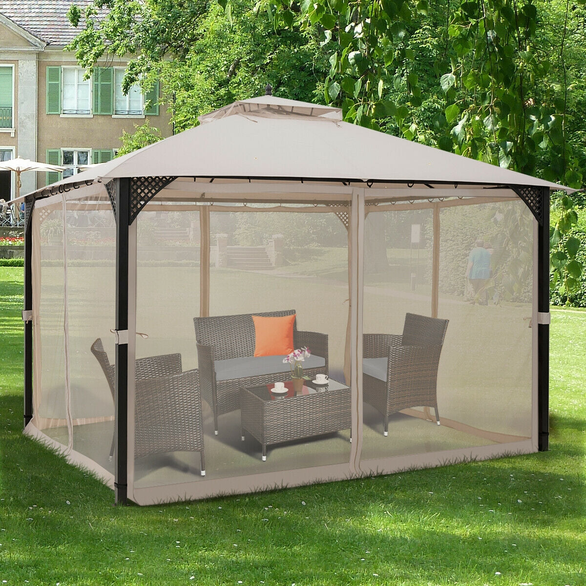 12’ x 10’ Outdoor Double Top Patio Gazebo-Beige shown in a garden with seating