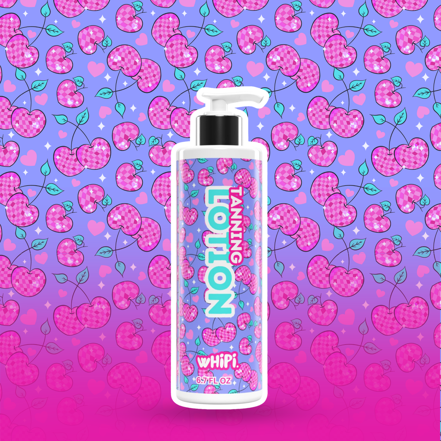 Tanning Lotion bottle with cherry design for smooth, even, sun-kissed glow, 6.7 fl oz by WhiPi, against a cherry background.
