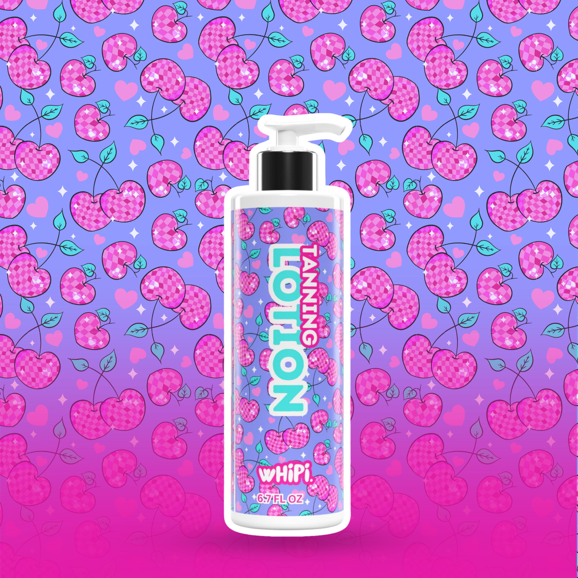 Tanning Lotion bottle with cherry design for smooth, even, sun-kissed glow, 6.7 fl oz by WhiPi, against a cherry background.