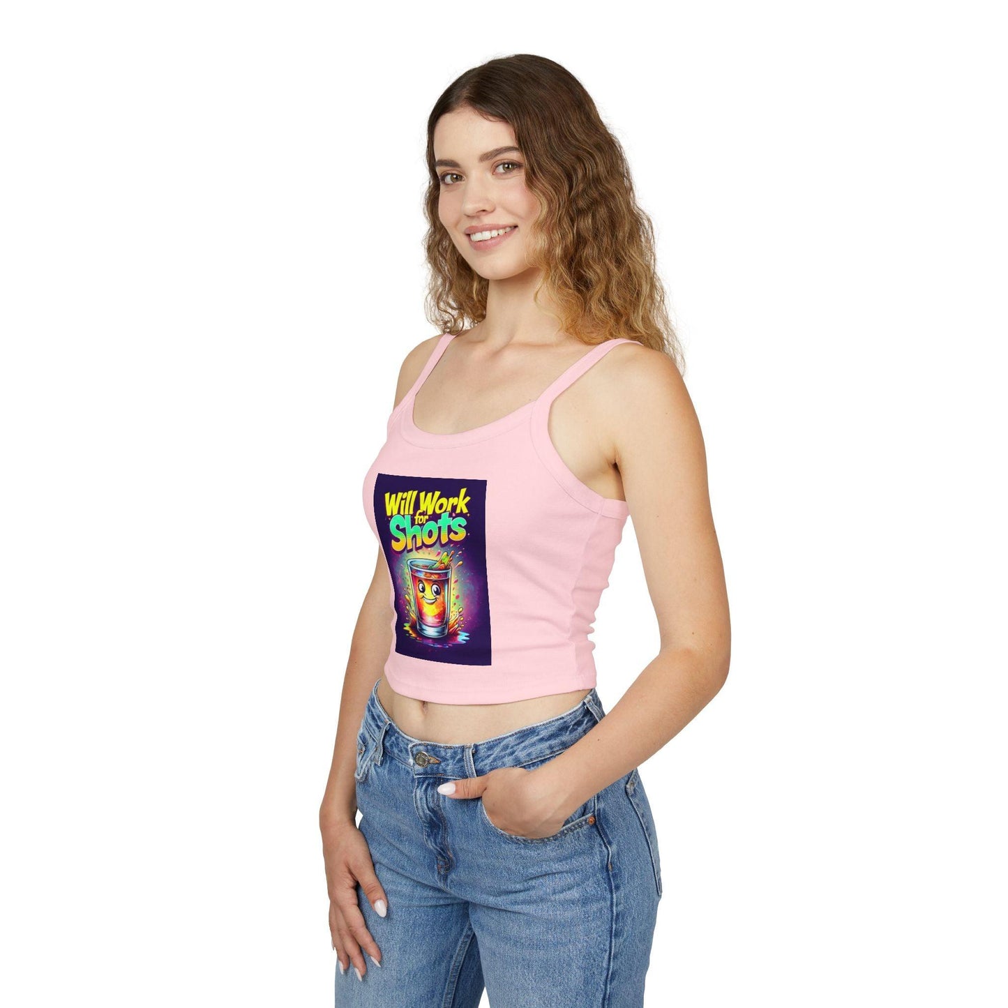 Will Work for Shots Womens Spaghetti Strap Tank Top in pink, modeled by a woman, featuring colorful text and graphic design.