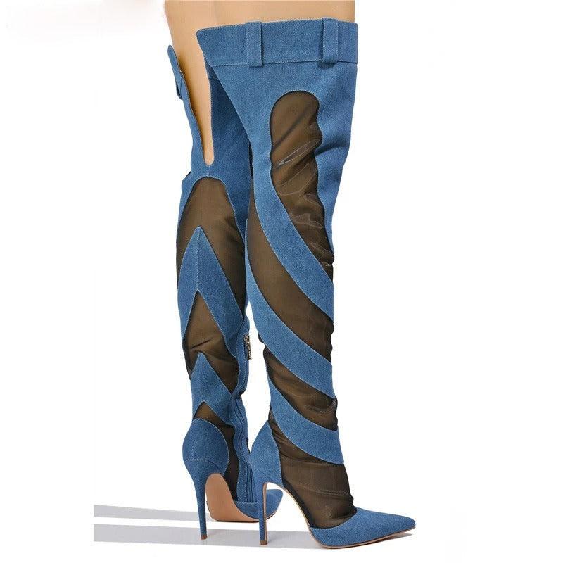 Patchwork Thigh High Knee Boots - Brazen Blue & Jet Black | Ultra High Heels, featuring spiral pattern and stiletto heel design.