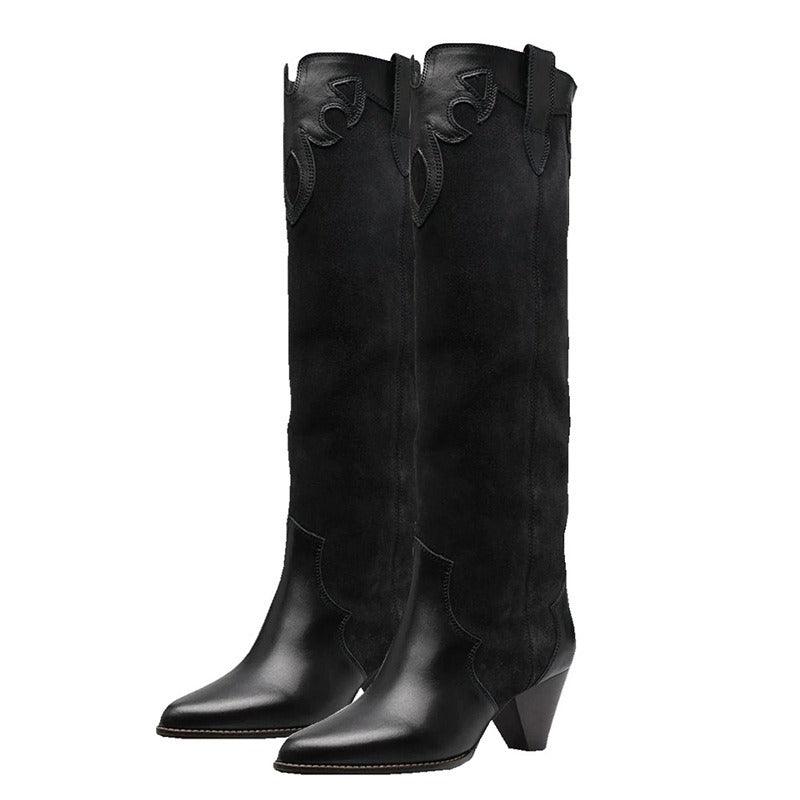 Retro Country Knee High Cowgirl Boots | Luxury Suede Embroidered Cowgirl Boots with High Heel in black color