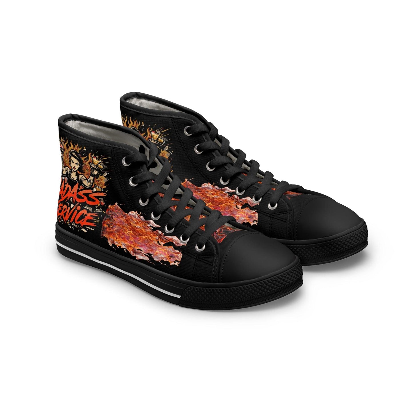 Bad Ass Service Womens Black High Top Sneakers with flame and bartender design