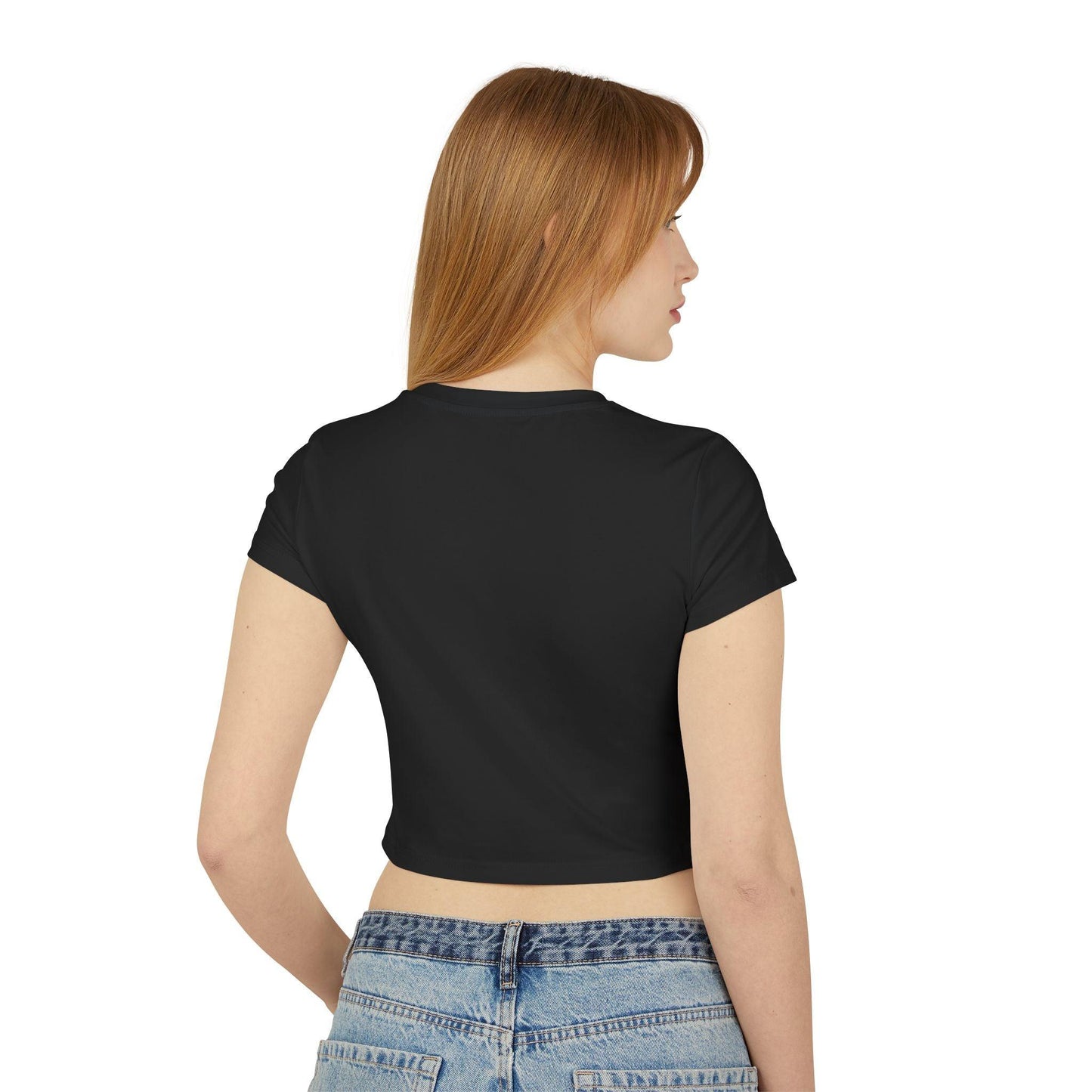 Turn Heads Behind the Bar Womens Baby Tee with Everyone Loves Big Tips in black, worn by a woman, viewed from the back.