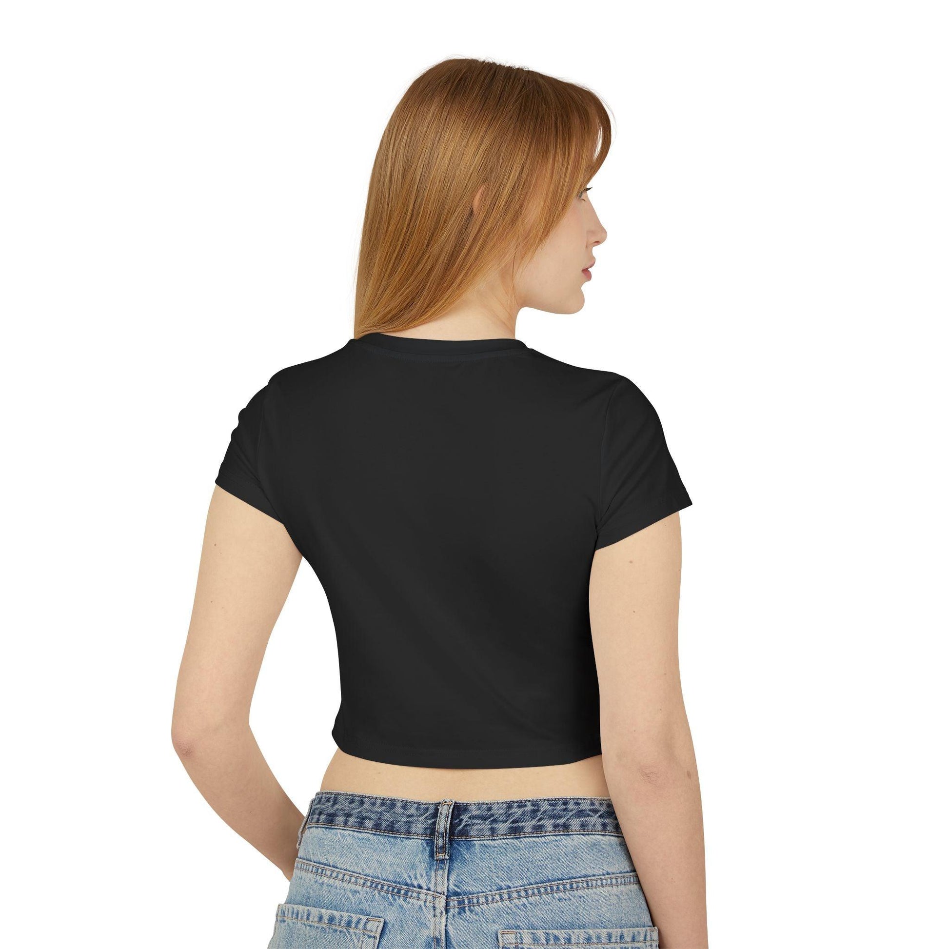 Turn Heads Behind the Bar Womens Baby Tee with Everyone Loves Big Tips in black, worn by a woman, viewed from the back.