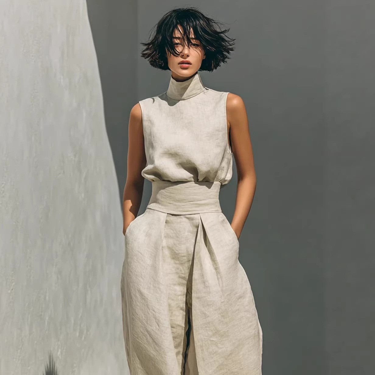 Model wearing Women’s Cotton Linen Two-Piece Set – Sleeveless Top & Wide-Leg Pants in a minimalist style.