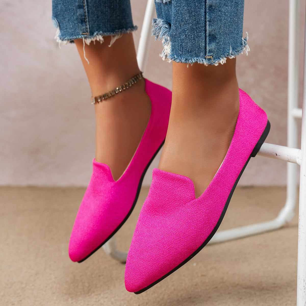 Women’s Flat Pointed-Toe Thin Shoes — Casual Everyday Flats in bright pink, showcasing sleek design and comfort.