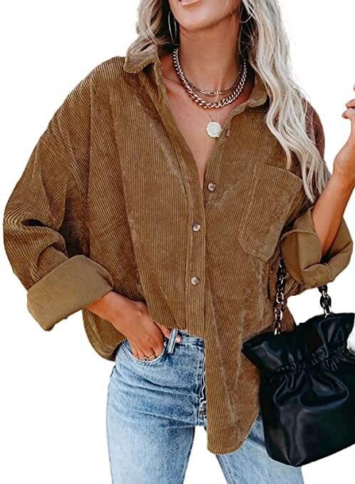 Corduroy Country Chic Shirt – Stylish Single-Breasted Cowgirl Shirt in brown, worn casually with jeans and a black handbag.