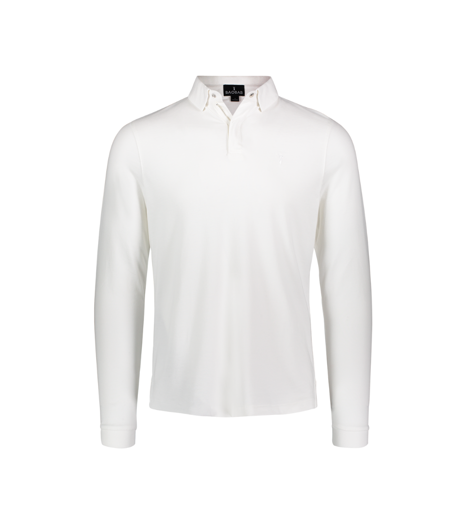 Baobab Long Sleeve Perfect Polo in white, featuring StaySharp™ Collar and hidden microfiber cloth for convenience and style.