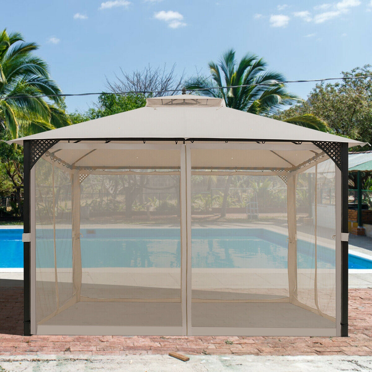 12’ x 10’Outdoor Double Top Patio Gazebo-Beige by a pool with dual-tiered roof and steel frame for stability