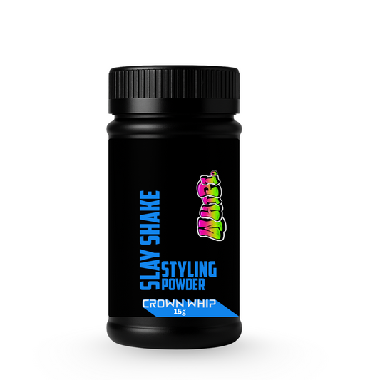 Slay Shake- Do Crew Styling + Volume Powder in black container with vibrant label for texture and volume.