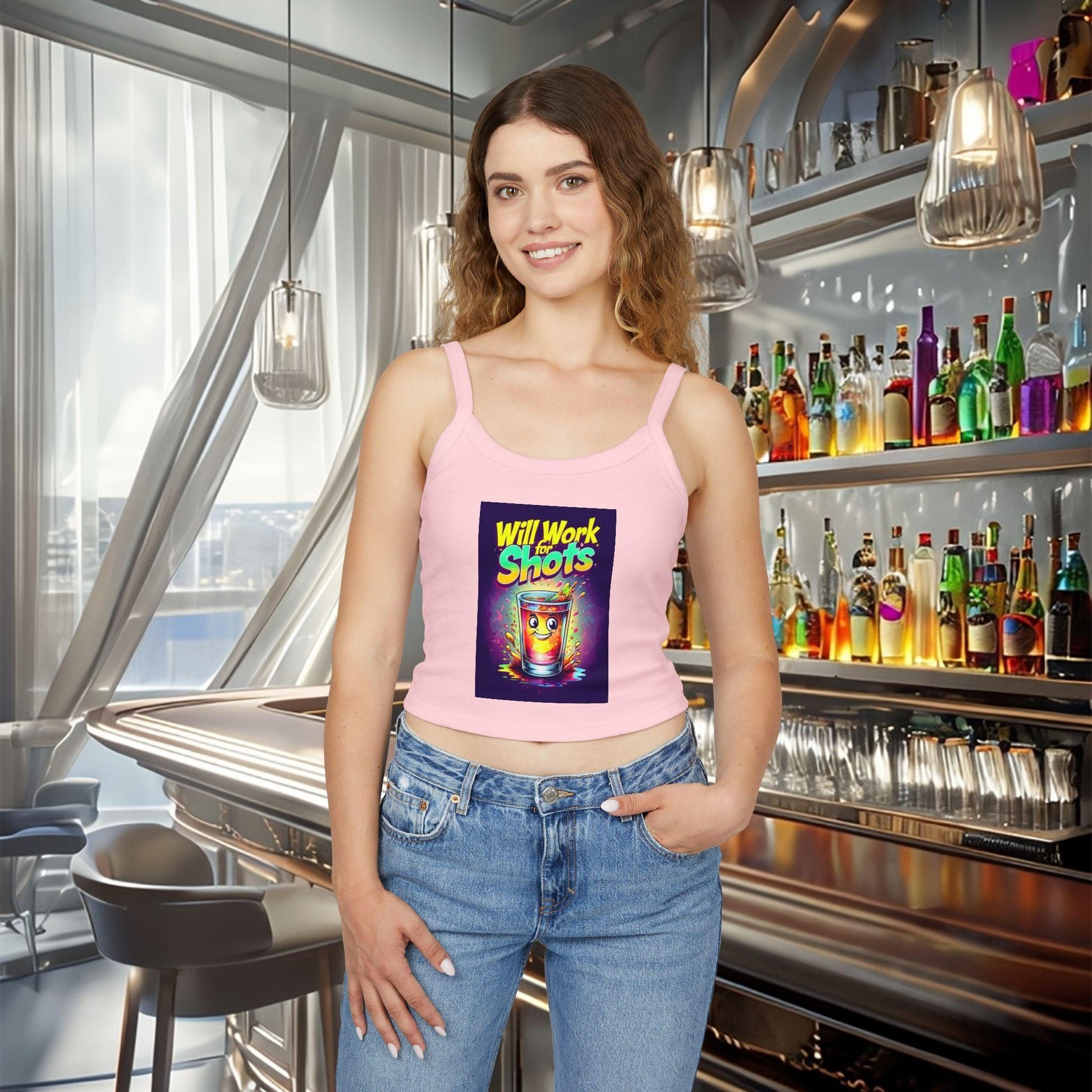 Will Work for Shots Womens Spaghetti Strap Tank Top in pink worn by a woman in a modern bar setting