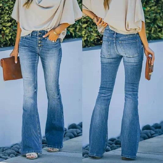 High Waist Designer Stretch Jeans – Trendy Flared Denim for Cowgirls with distressed blue cotton, button fly, and flattering silhouette.