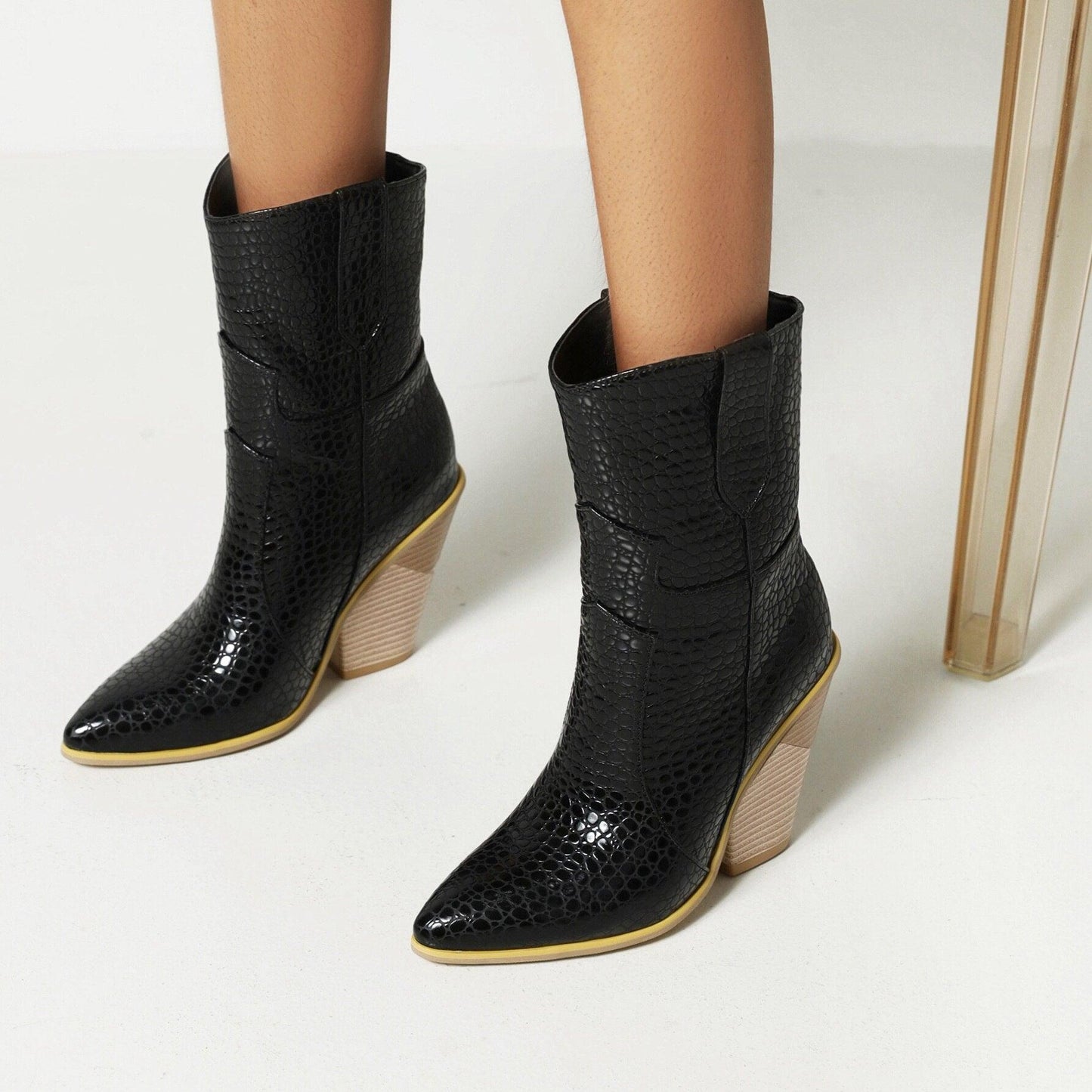 Cowgirl Chic High Heel Ankle Boots - Trendy Denim and Leather Boots for Women in black pattern