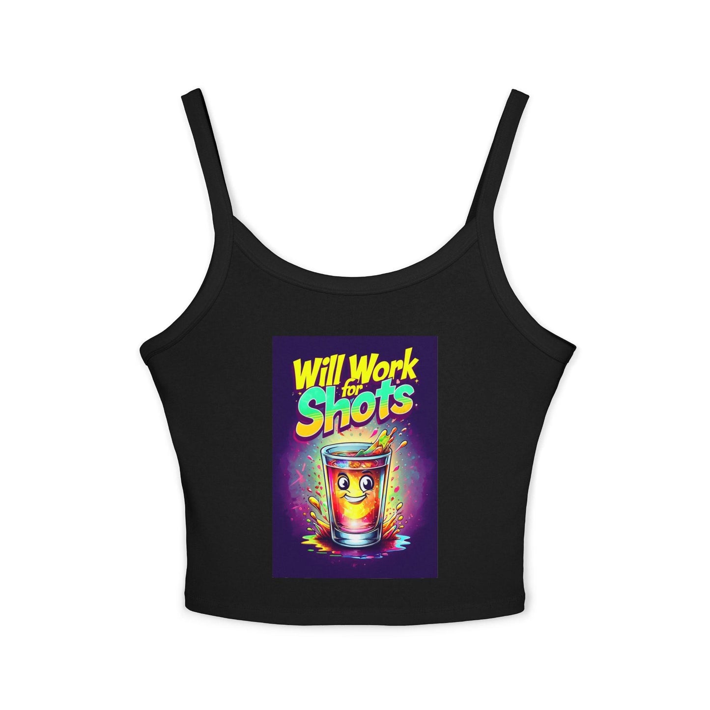 Will Work for Shots Womens Spaghetti Strap Tank Top in black with colorful text and drink graphic, perfect for bartenders and waitresses.