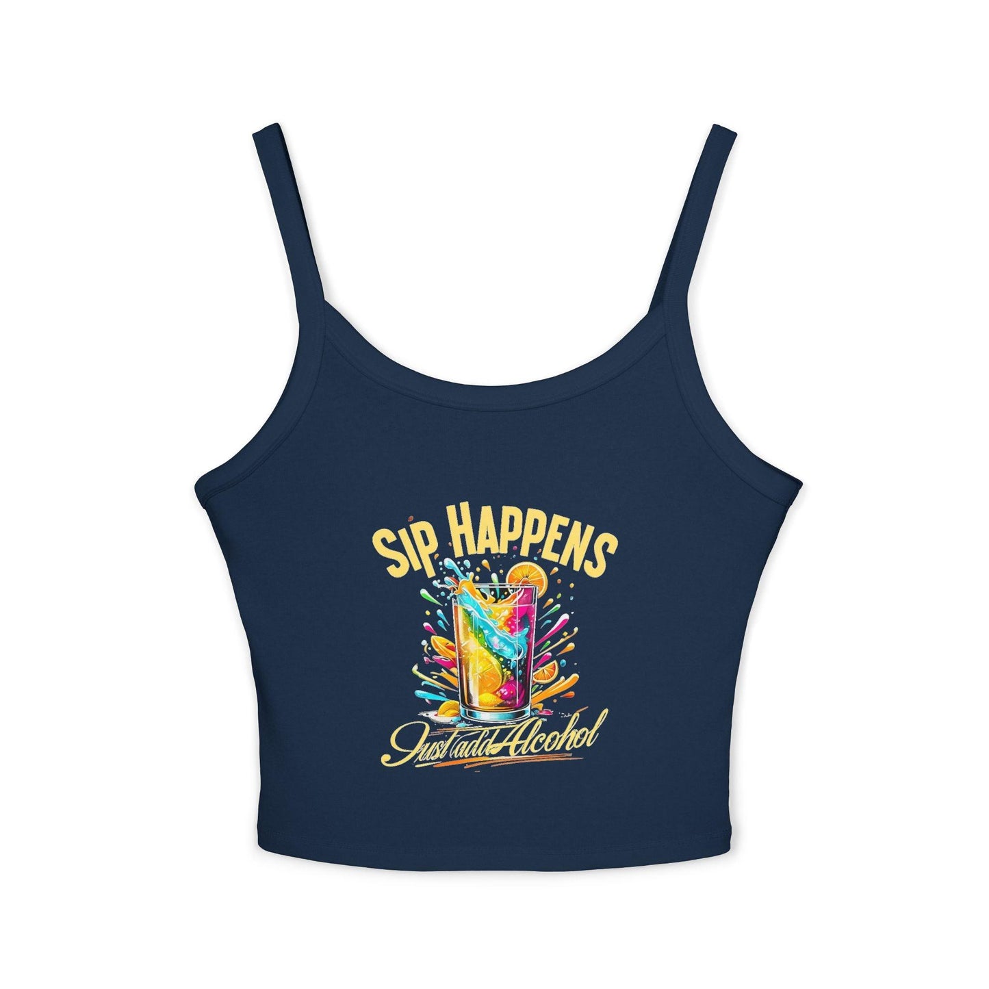 Playful & Stylish Womens Spaghetti Strap Tank Top with 'Sip Happens Just Add Alcohol' colorful print in navy blue.