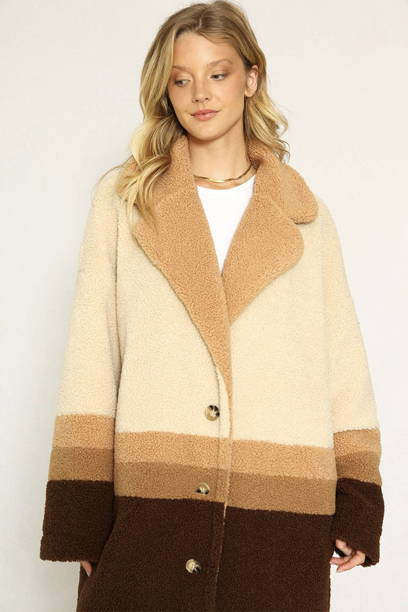 Color block teddy coat
