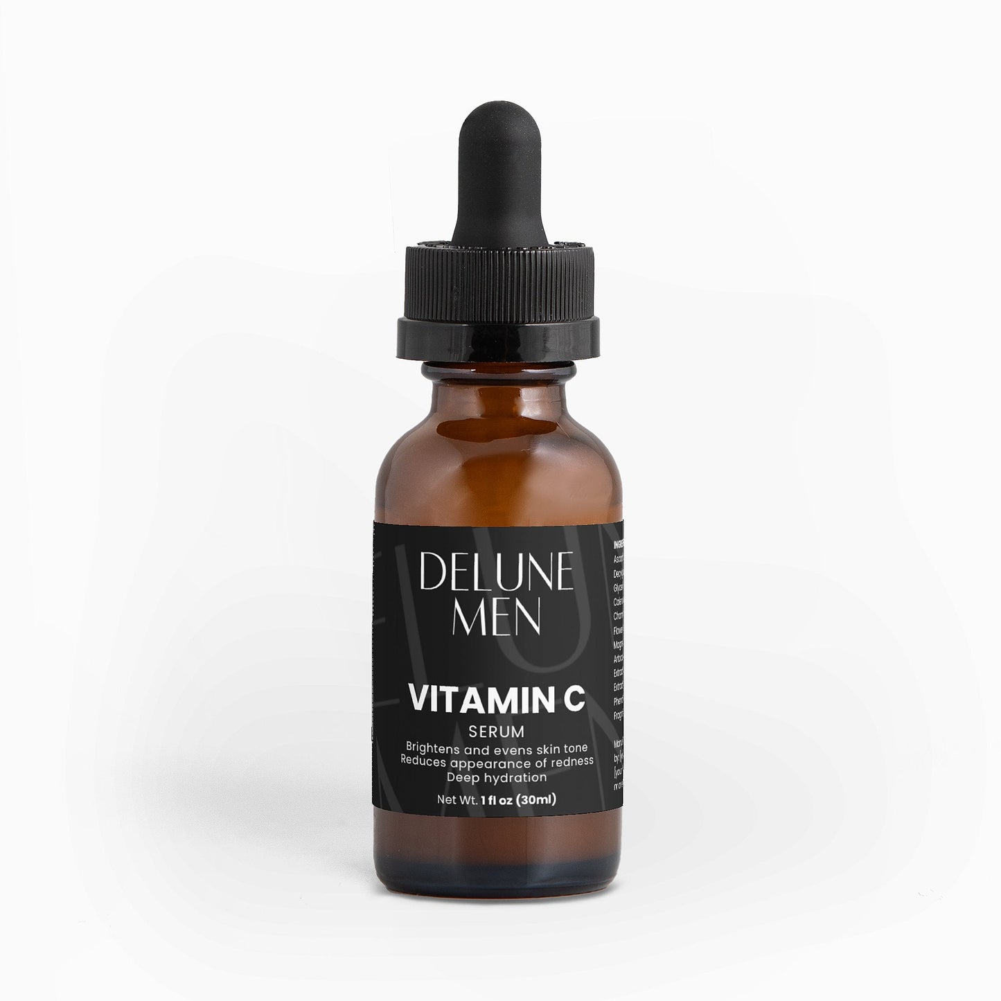 Delune Men's Brightening Serum (with 10% Vitamin C) for reducing pollution spots and enhancing skin glow.