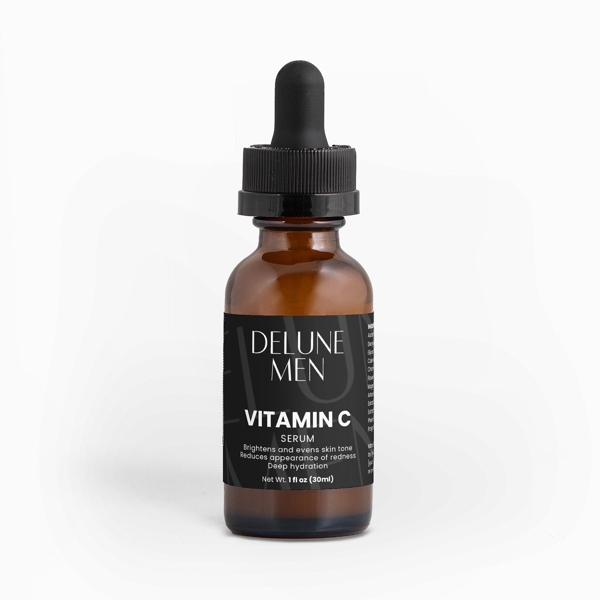 Delune Men's Brightening Serum (with 10% Vitamin C) for reducing pollution spots and enhancing skin glow.