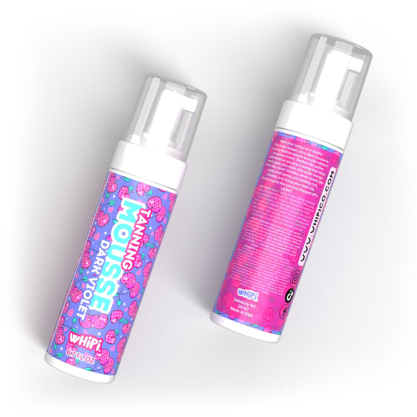 Dark Violet Tanning Mousse bottles, vibrant pink and purple packaging, ultra-dark tan, bronzed glow, streak-free tanning product