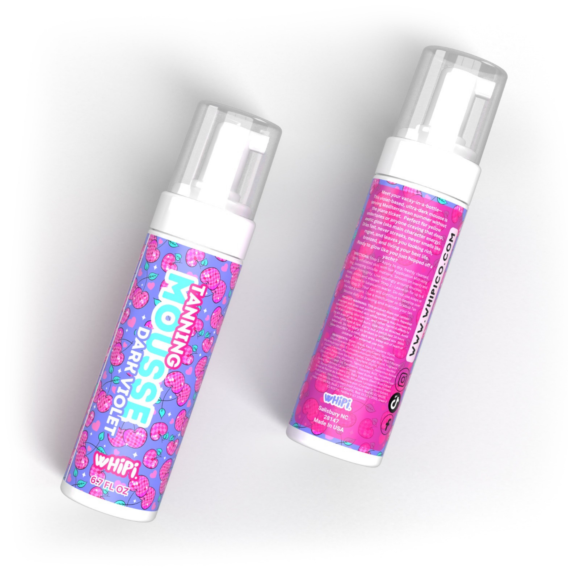 Dark Violet Tanning Mousse bottles, vibrant pink and purple packaging, ultra-dark tan, bronzed glow, streak-free tanning product