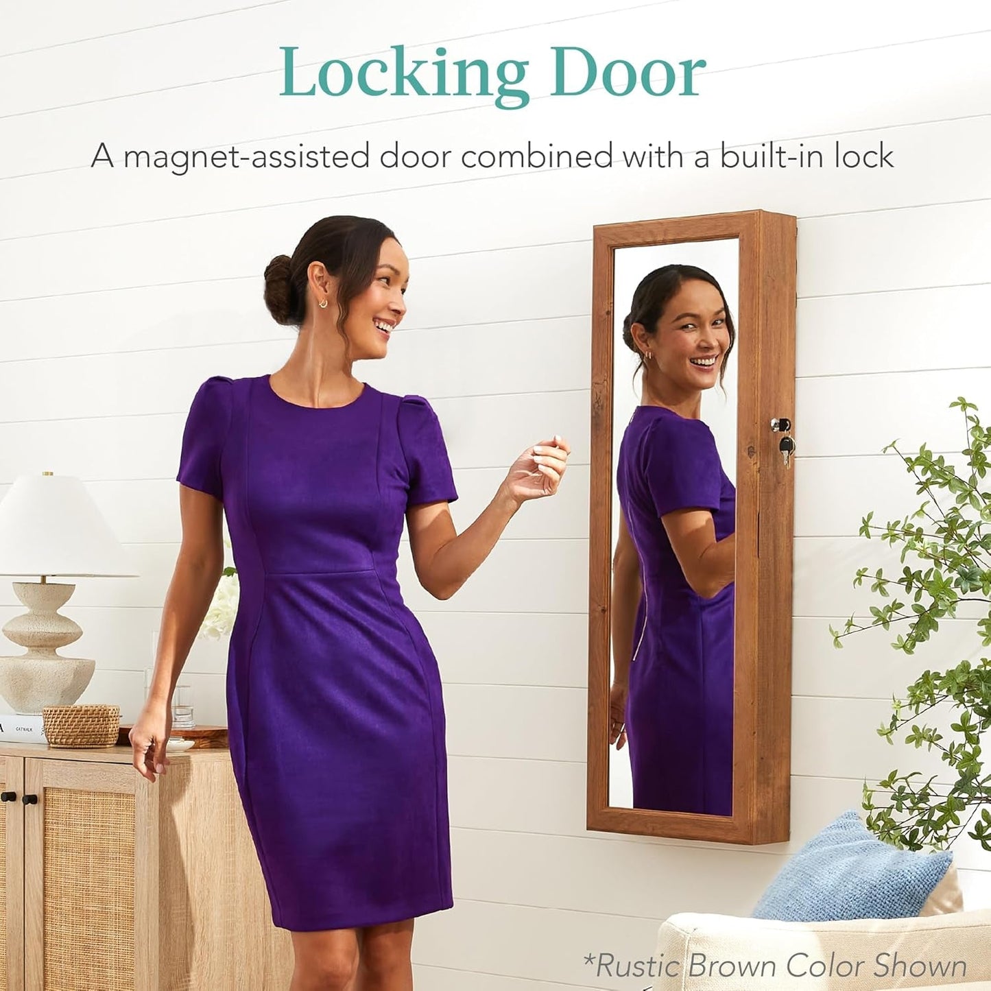 Woman using White Led Mirror Jewelry Cabinet With Lock And Drawers in Rustic Brown color, highlighting lockable feature.