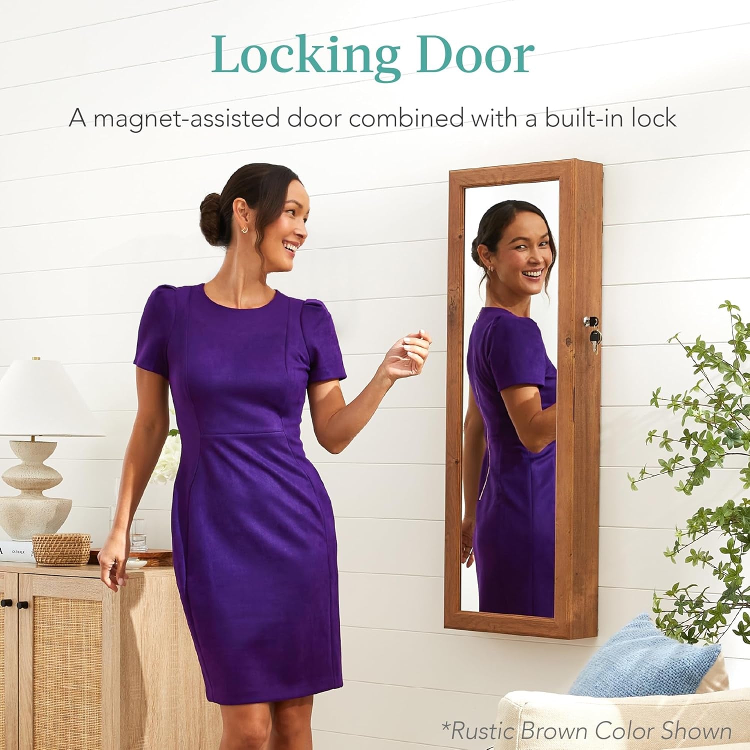 Woman using White Led Mirror Jewelry Cabinet With Lock And Drawers in Rustic Brown color, highlighting lockable feature.