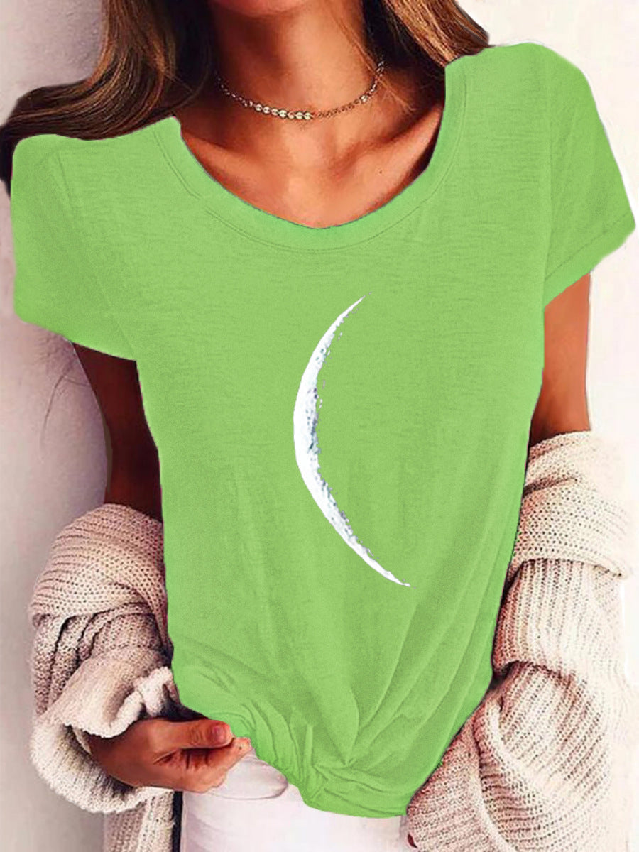 Woman wearing Wide Collar Printed T-Shirt – Casual Short Sleeve Top for Women in green with crescent print