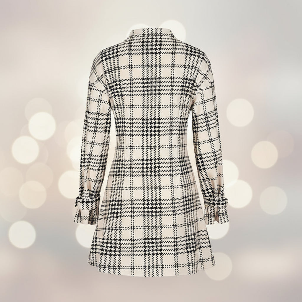 Elegant Plaid Shirt Dress — Ruched Waist A-Line Mini with Long Sleeves