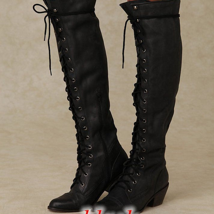 Women’s Over-the-Knee Boots – Round Toe Stylish Tall Winter Boots in black leather with lace-up detail.