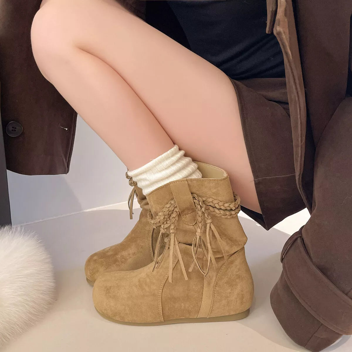 Suede Fringe Round Toe Boots with Block Heel