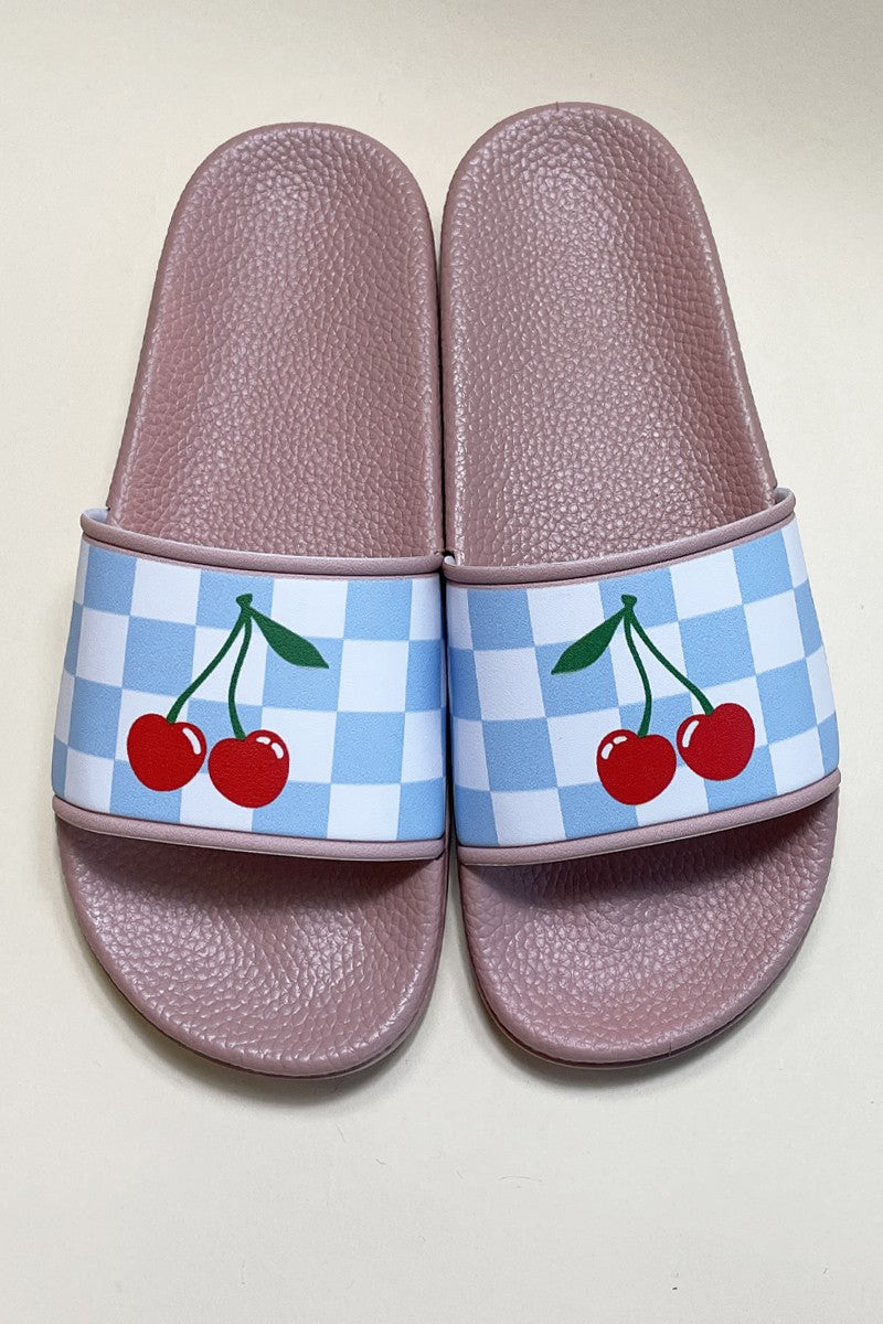 Novelty printed slides with cherry design and checkered pattern. Available in various sizes. Miss Sparkling branded footwear.