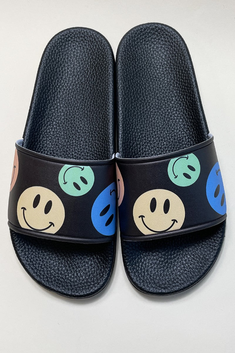 Miss Sparkling novelty printed slides with colorful smiley face design on strap, showcasing China sizing US36/37 to US42/43.