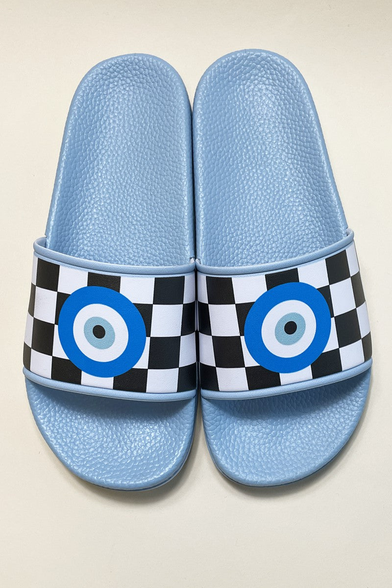 Miss Sparkling novelty printed slides with blue evil eye design on checkered straps, available in multiple sizes.