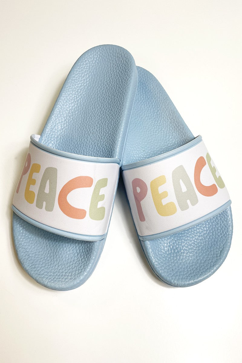 Miss Sparkling novelty printed slides with 'PEACE' design, available in CHINA US sizing 36/37 to 42/43.