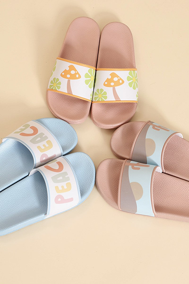 Miss Sparkling novelty printed slides in various pastel colors with unique patterns, sizes available from US 5 to 12.