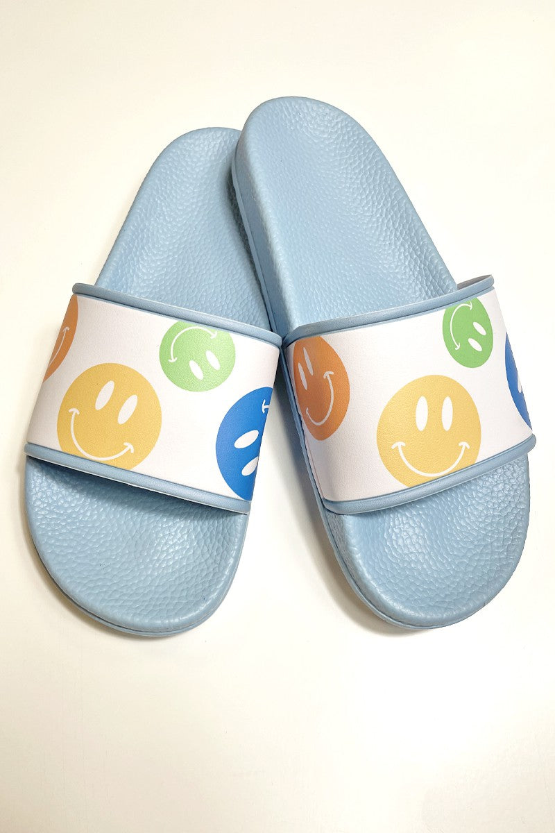 Miss Sparkling novelty printed slides with colorful smiley face design, available in China US sizes 36/37 to 42/43.