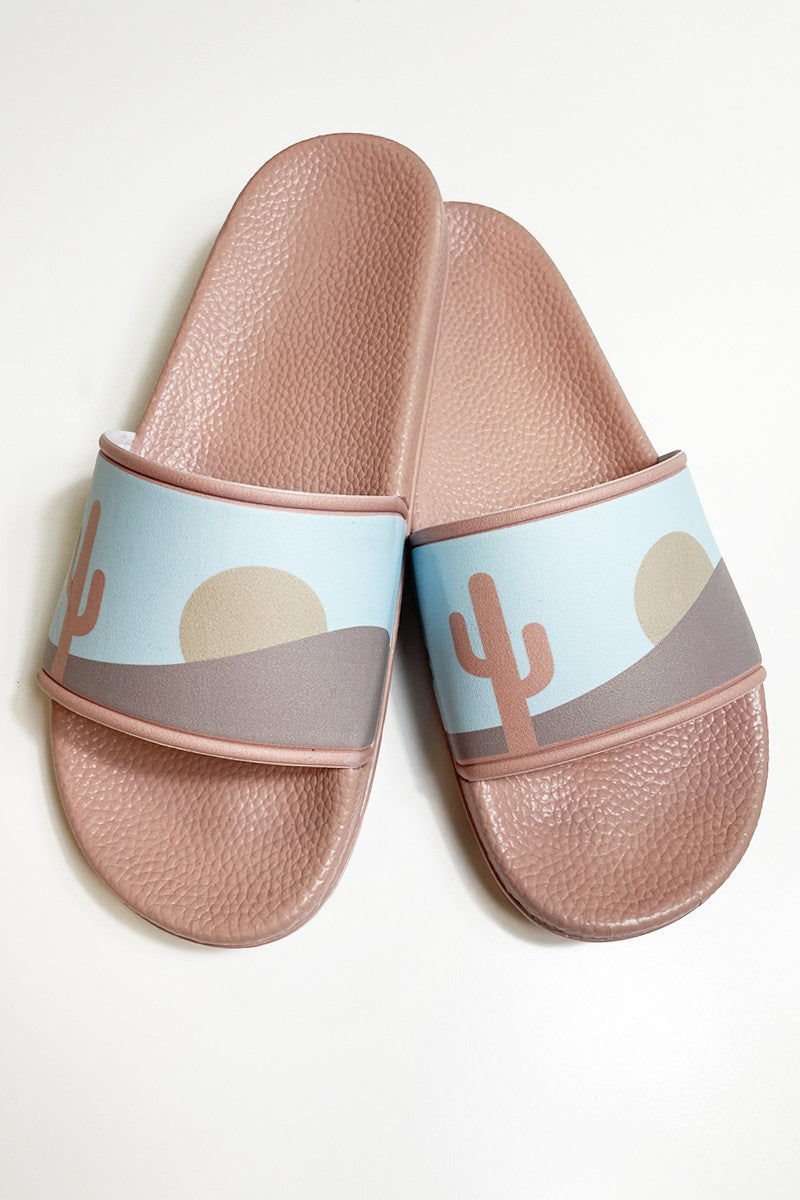 Miss Sparkling novelty printed slides with cactus and sun design, available in China sizes US36/37 to US42/43.